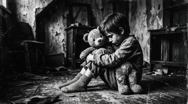 Sad lonely child sitting in a ruined house holding a teddy bear.
