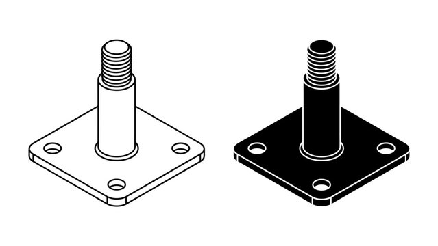 Mounting Bracket Diagram: Two isometric views, one in black and white and the other a simple outline, display a metal mounting bracket with a threaded post and a square base with four screw holes.