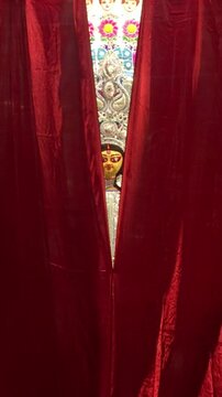 Subho mahalaya, Video of an handmade colorful idol of Goddess Durga  installed in decorated colorful Pandal during navratri festival. 