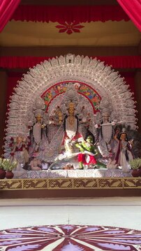 Subho mahalaya, Video of an handmade colorful idol of Goddess Durga  installed in decorated colorful Pandal during navratri festival. 