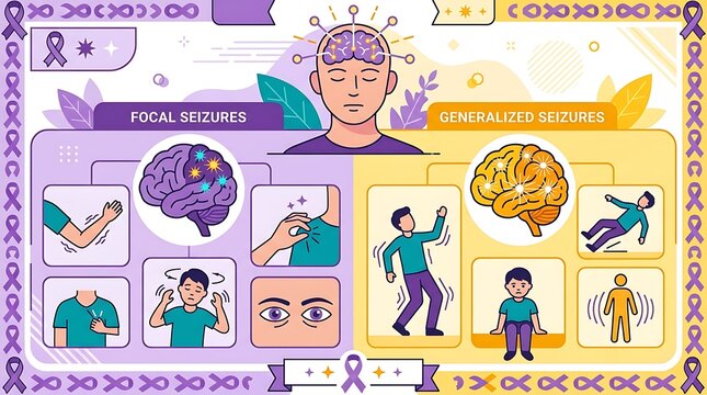Educational infographic comparing focal and generalized seizure types