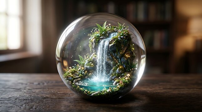 Enchanting miniature waterfall ecosystem inside a clear glass sphere