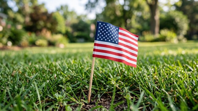 small american flag planted in green grass on a sunny summer lawn, patriotic labor day background