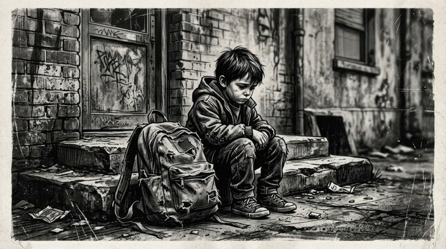 Sad lonely boy sitting on steps with backpack in urban alleyway.