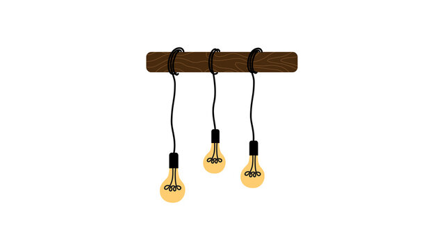 A minimalist 2D vector illustration of a rustic ceiling fixture with three Edison-style lightbulbs hanging from a dark wood beam