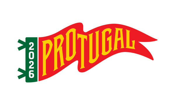 A flat, minimalist vector illustration of a red pennant flag featuring the word "PROTUGAL" in yellow, with a green vertical header displaying the year "2026" and simple mounting ties.