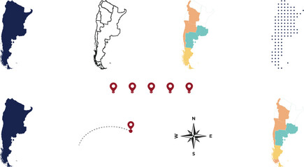 Obraz premium Argentina Map Vector Icon Set Featuring Silhouette Contour Regional Multi Color Variants Dotted Pattern Location Pins Route and Compass Rose Elements