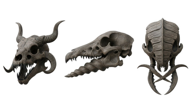 Collection of Three Menacing Fantasy Creature Skulls