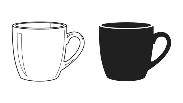 Two Mugs, One Outline, One Solid: A minimalist graphic featuring two coffee mugs side-by-side, one rendered in a clean black outline and the other as a solid black silhouette.