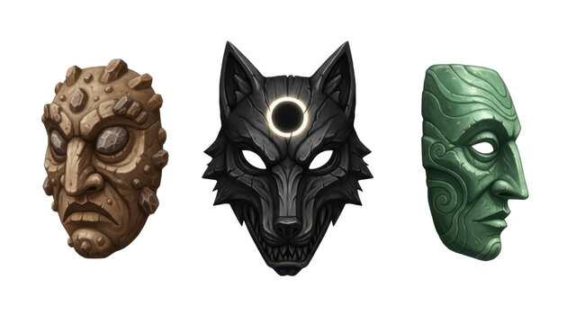Three Stylized Masks: Stone Wolf and Jade Face