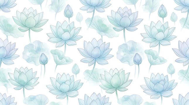 Seamless watercolor pattern of blue lotus flowers and buds