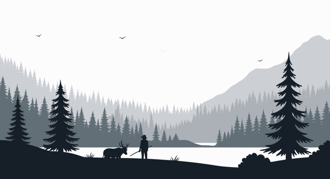A minimalist vector illustration of a person and an animal by a lake with layered pine forests and mountains in the background, featuring flying birds.