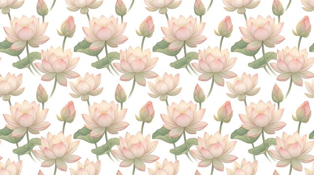 Seamless watercolor pattern of pink lotus flowers and green leaves