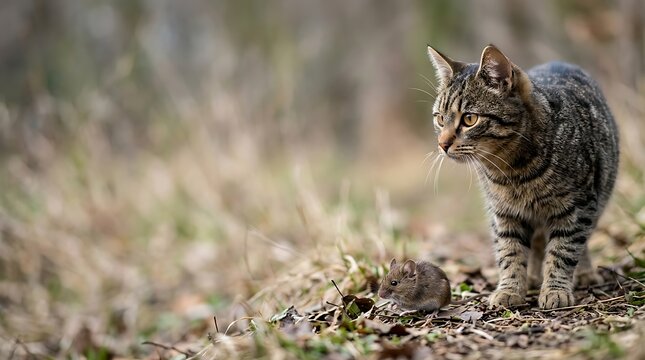 Curious tabby cat and tiny field mouse outdoors in nature