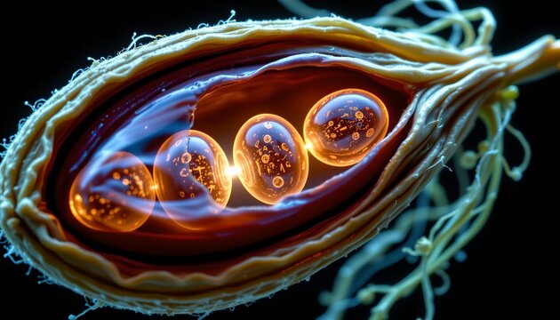 The image depicts a microscopic view of a biological structure, likely a parasitic organism, with four spherical, glowing cells or spores arranged in a row within an elongated, helix like formation