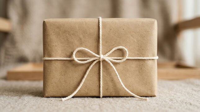 Brown paper gift box wrapped with white twine bow on soft fabric