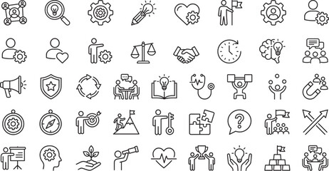 Naklejka premium Business Leadership and Teamwork Line Icons Set with Strategy Innovation and Management Concepts