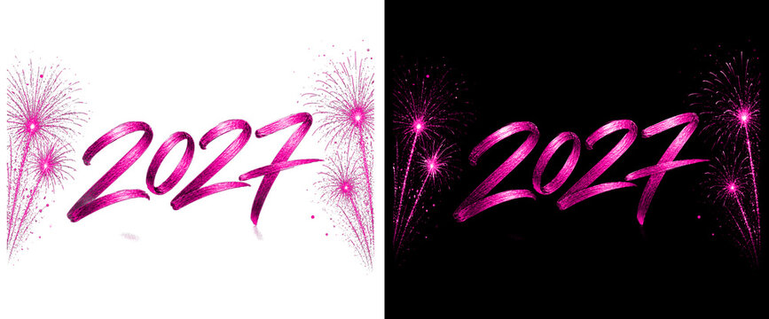 Magenta glittery 2027 text isolated on transparent background with firework bursts for new year celebration party invitation designs.