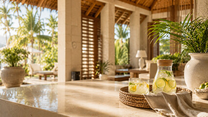Fototapeta premium Refreshing Lemon Water on a Luxury Tropical Resort Terrace