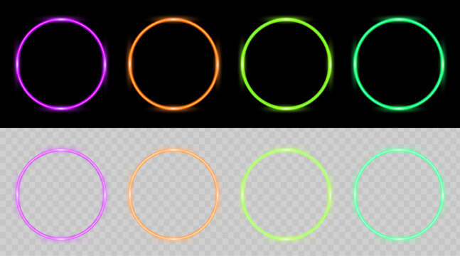 Neon light effect circle templates with glowing colors on black and transparent backgrounds