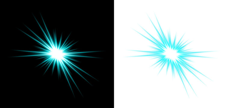Blue light effect explosive starburst on black and white backgrounds