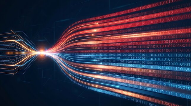 Abstract digital data stream flowing through network connections with binary code elements and glowing light trails representing information transfer and data analysis in modern technology systems.