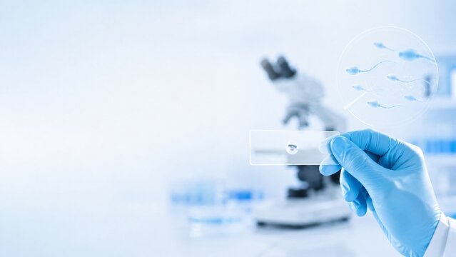 Microscope in laboratory for sperm analysis and fertility research. Scientific equipment for semen study, medical testing and reproductive health examination. Modern biological clinic.