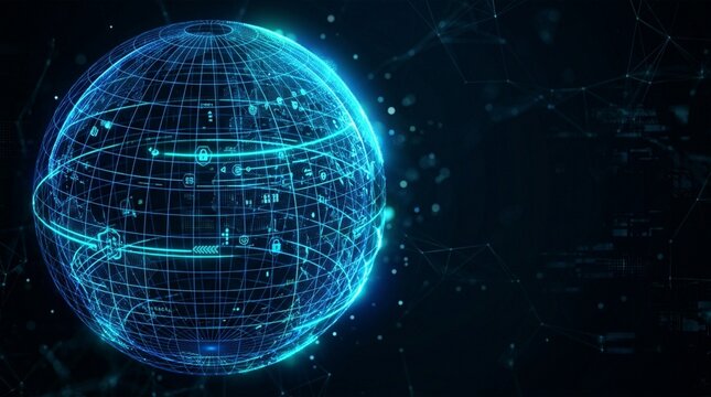 Digital abstract globe with glowing blue network connections and security icons