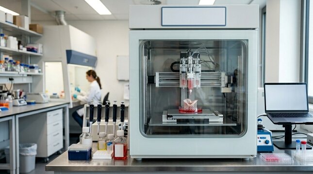Advanced 3D bioprinter creating tissue in modern laboratory with scientist working in background