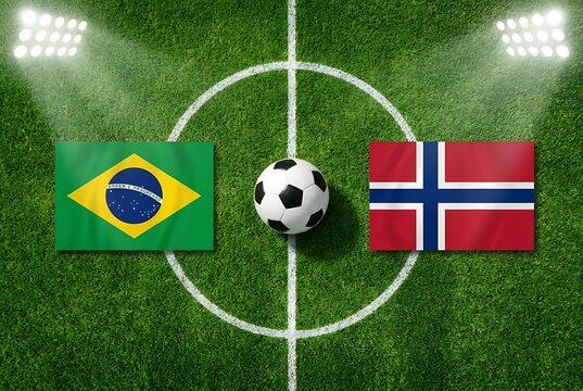 Football soccer ball placed on grass field center circle between national flags of brazil and norway conceptual illustration of upcoming sports match event competition rivalry.