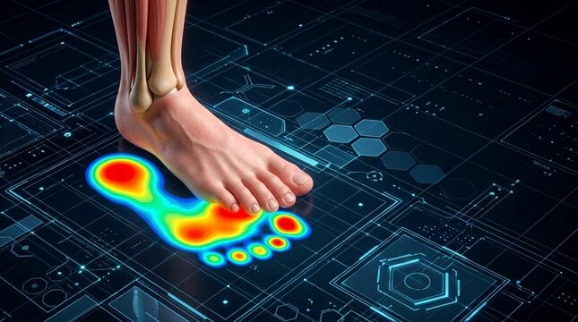 Human foot analysis with thermal footprint on futuristic digital interface with technological data visualization