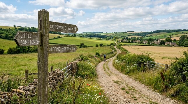 Cotswold Way signpost directing to Little Compton and Chipping Norton