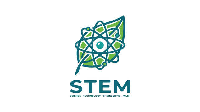 Creative STEM logo icon with atom and leaf design.