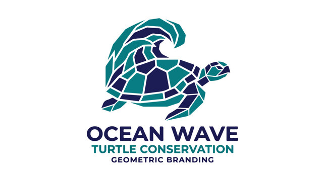 Geometric stylized sea turtle swimming in ocean wave logo design.