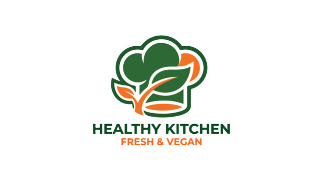 Healthy Kitchen Vegan Chef Hat Logo Design Concept.