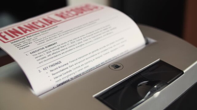 Financial records are fed into a shredder for secure document disposal