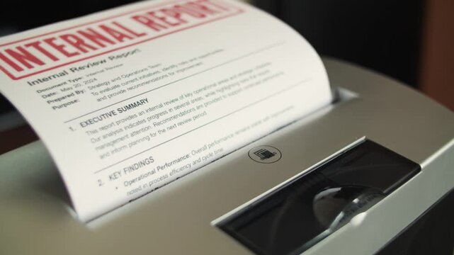 Internal report pages being fed into a paper shredder for office disposal