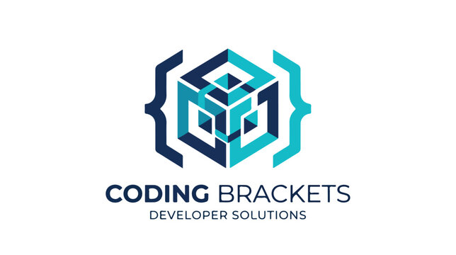 Modern coding brackets logo design with 3D cube structure.