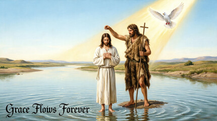 Fototapeta premium Jesus baptism vintage artwork holy moment with river light and sacred Christian illustration.
