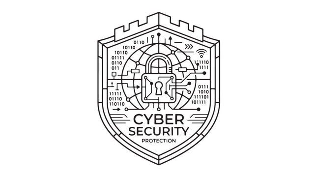 Cyber security protection shield emblem, digital data privacy icon with padlock and binary code, network safety vector illustration for web security
