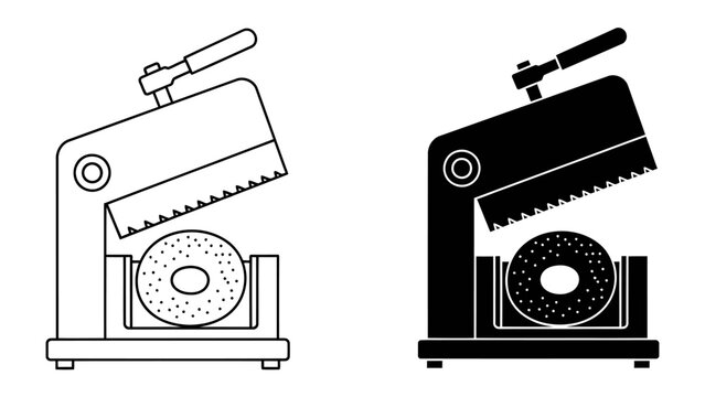 Bagel Slicer Machine: A dual-image illustration showcasing a bagel slicer machine, presented in both line art and silhouette form, highlighting its simple and functional design for preparing bagels.