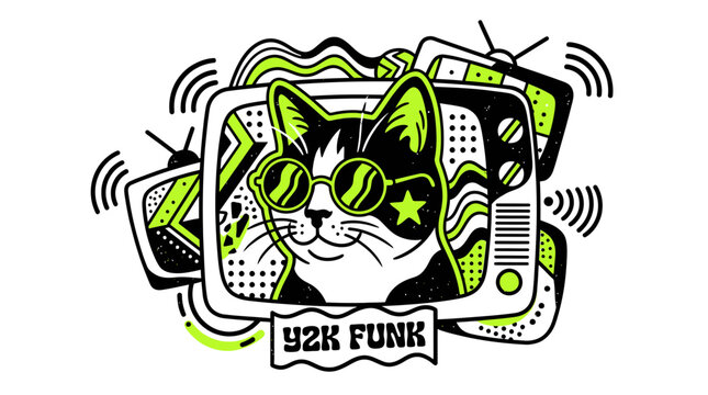 Retro Cat with Sunglasses on TV Screen, 90s Vibes, Y2K Funk Style