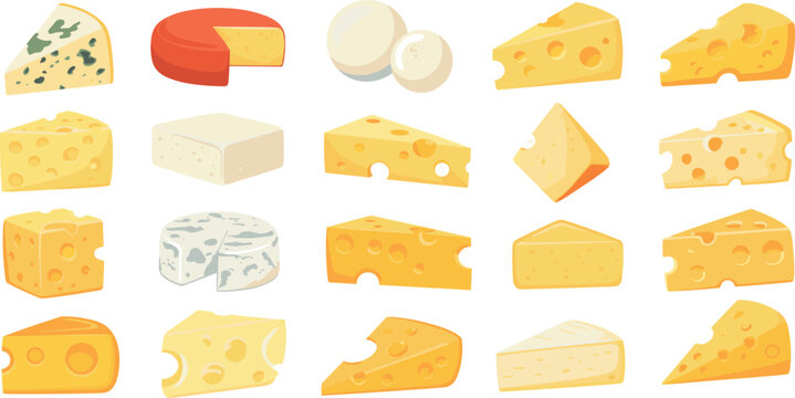 Collection of various cheese types including wedges, blocks, slices, and wheels for dairy food and nutrition design projects.