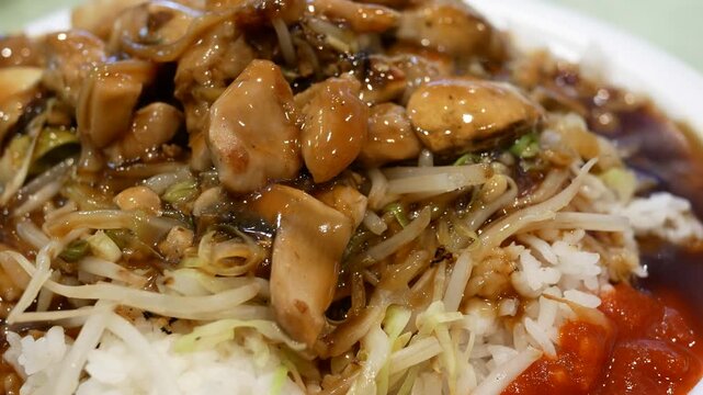 Close-up of Savory Stir-Fried Chicken with Bean Sprouts and Steamed Rice