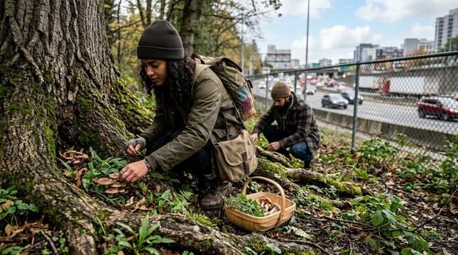 People foraging for mushrooms near a large tree with a busy highway in the background