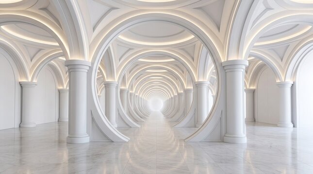 Endless white corridor with classic arches and columns, futuristic architectural design, bright interior