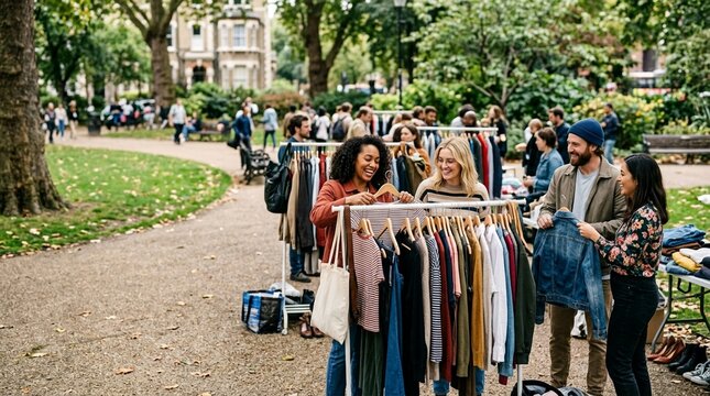 Diverse group of young adults shopping at an outdoor clothing flea market in a park