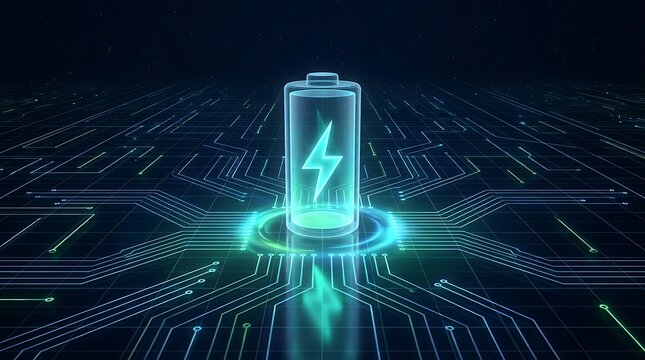Digital battery charging concept with glowing energy symbol placed on futuristic circuit board background representing renewable power storage solution and advanced electrical technology.