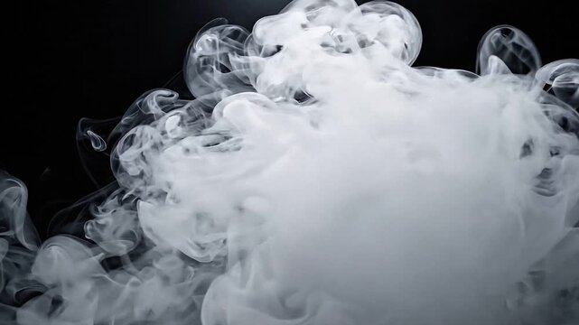 Abstract White Smoke Rising and Swirling Against a Dark Black Background Dynamic Vapor Cloud Effect