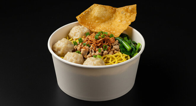 Indonesian Mie Ayam Bakso in Takeaway Bowl